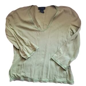 Express Olive Crystal Bead V-Neck Top, Long Sleeves